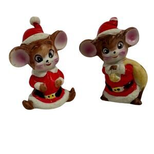 Vintage Santa Mouse Figurines, Taiwan Ceramic Pair, Christmas Shelf Sitter Decor